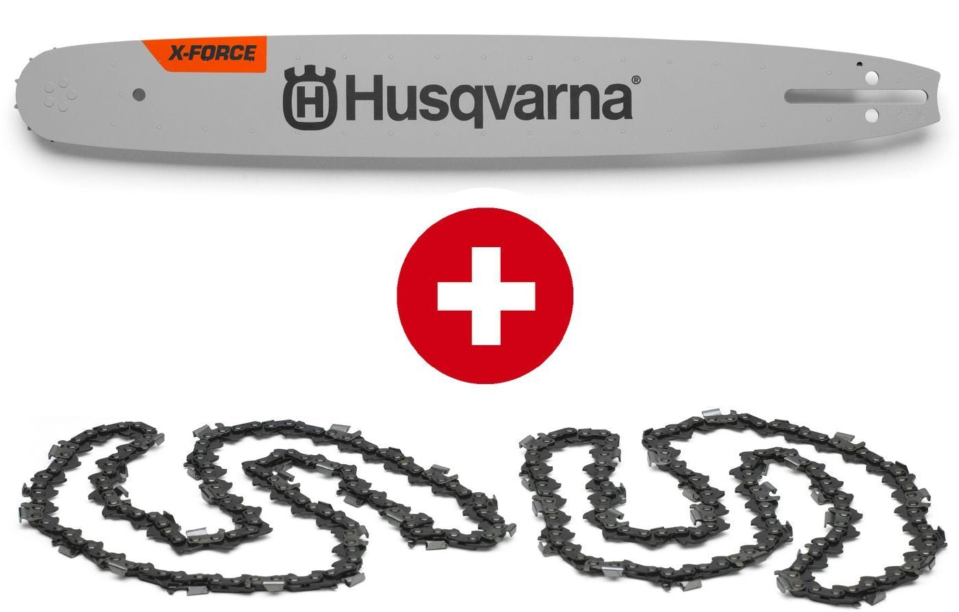 Husqvarna_Ketten_und_Schienen_KIT_20200129.jpg Husqvarna Ketten und Schienen KIT SP33G 38 cm - 2 x HM Kette und 1 x X-Force Schiene – Bild 1