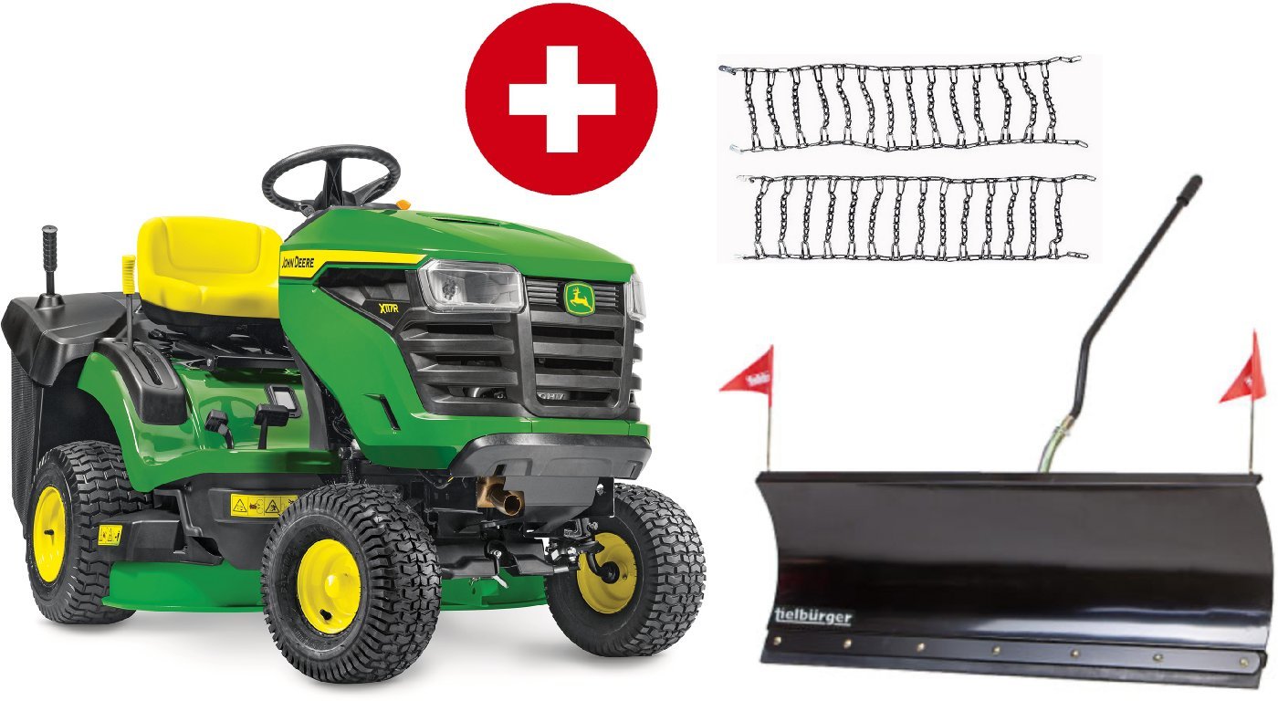 John_Deere_X117R_Winterpaket_mit_Schneeschild.jpg John Deere Rasentraktor X117R Winterpaket mit Schneeschild, Schneeketten, Anbaurahmen und Schnellwechlser – Bild 1