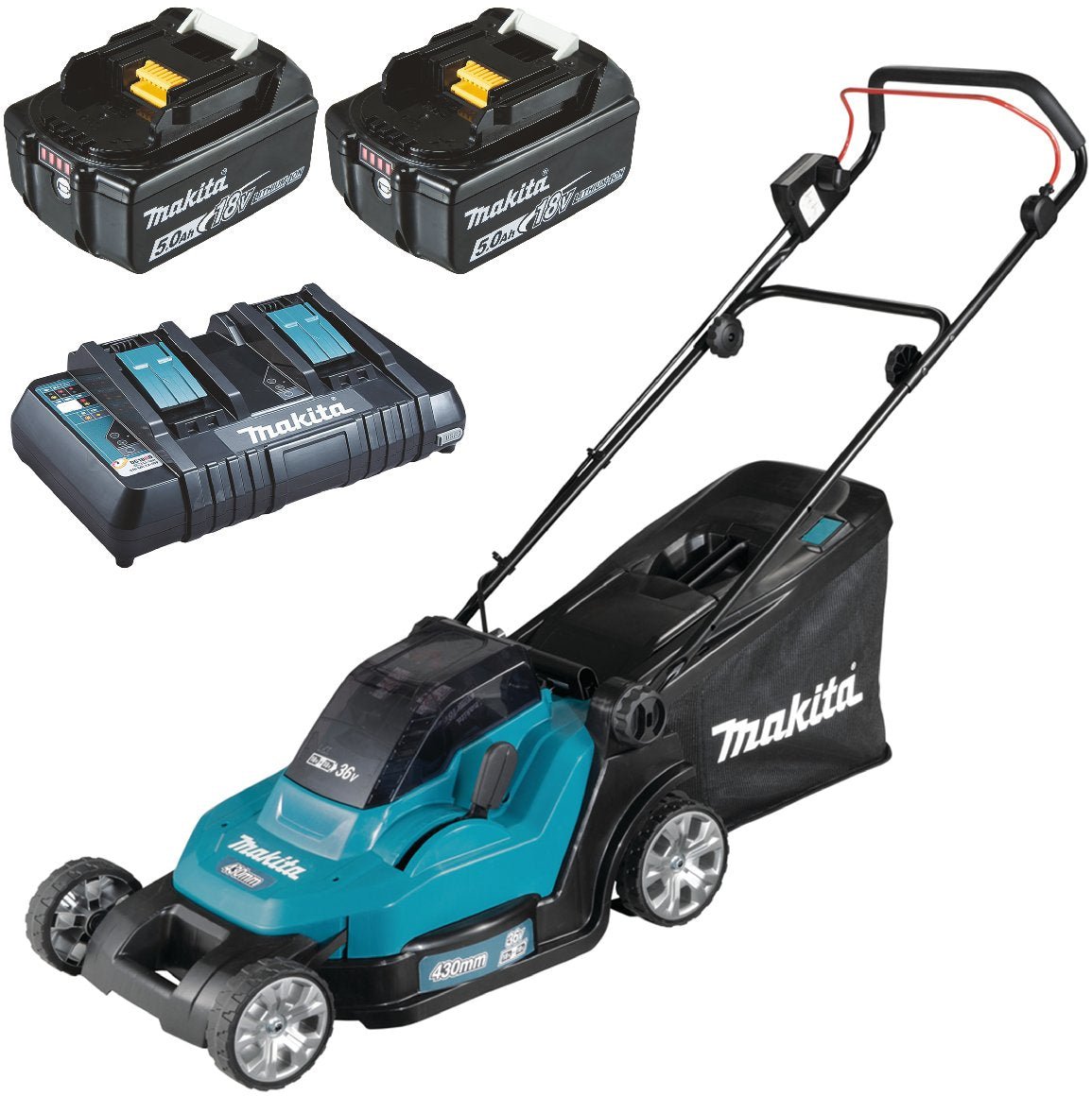 Makita_DLM432PT2_mit_2_Akkus_5_Ah_und_Ladegera.jpg Makita Akku-Rasenmäher DLM432PT2 mit 2 Akkus 5 Ah und Doppelladegerät – Bild 1